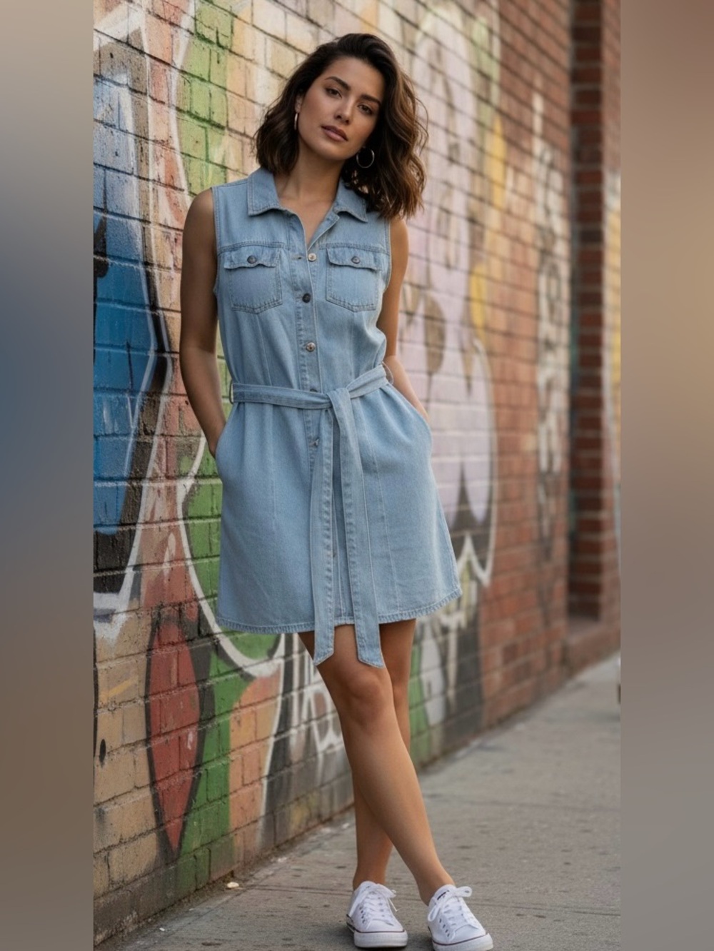 Japna Light Wash Button Down Denim 100% Cotton Belted Shirtdress Sz Medium